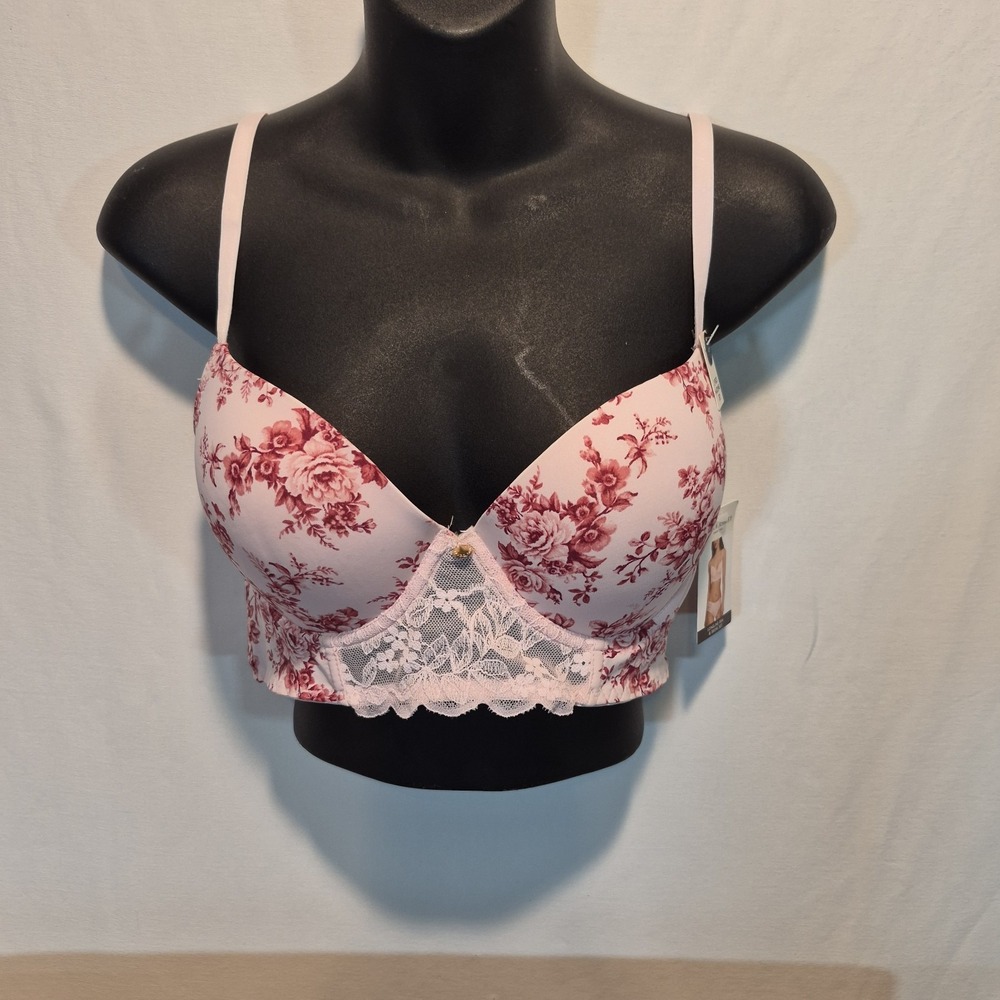 NWT Laura Ashley Pink W/ Lace And Floral Longline Bra 36C/L Coquette Romantic